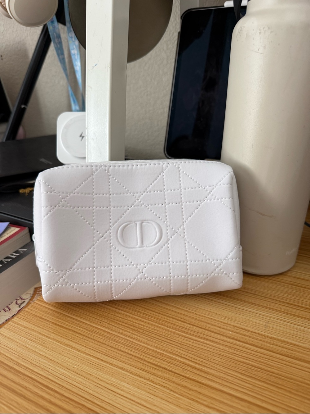 Dior White Quilted Leather Cosmetic Pouch with CD Logo